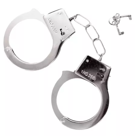 Tradineur - Pack de 3 esposas de metal de juguete, incluyen llaves y botón de seguridad, complemento para disfraces de carnaval,