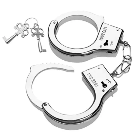 Tradineur - Pack de 3 esposas de metal de juguete, incluyen llaves y botón de seguridad, complemento para disfraces de carnaval,