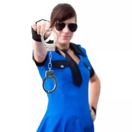 Tradineur - Pack de 3 esposas de metal de juguete, incluyen llaves y botón de seguridad, complemento para disfraces de carnaval,