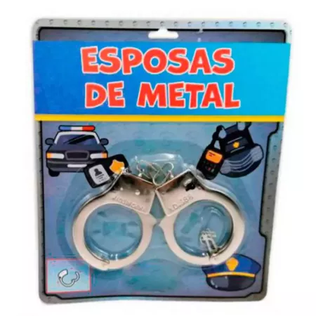 Tradineur - Pack de 3 esposas de metal de juguete, incluyen llaves y botón de seguridad, complemento para disfraces de carnaval,