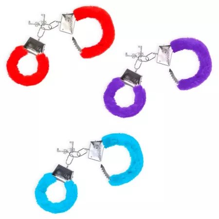 Tradineur - Pack de 3 pares de esposas con pelo, metálicas, incluyen llaves y botón de seguridad, complemento, disfraces, carnav