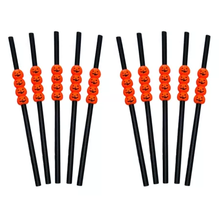 Tradineur - Pack de 10 pajitas de calabaza reutilizables, plástico, servir cócteles, bar, decoración de Halloween, carnaval, crá