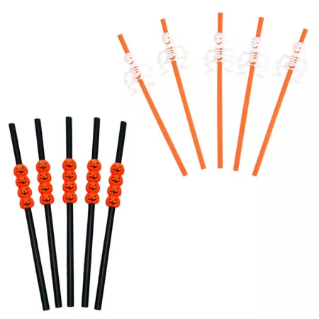 Tradineur - Pack de 5 pajitas de calabaza y 5 pajitas de esqueleto reutilizables, plástico, servir cócteles, bar, decoración de