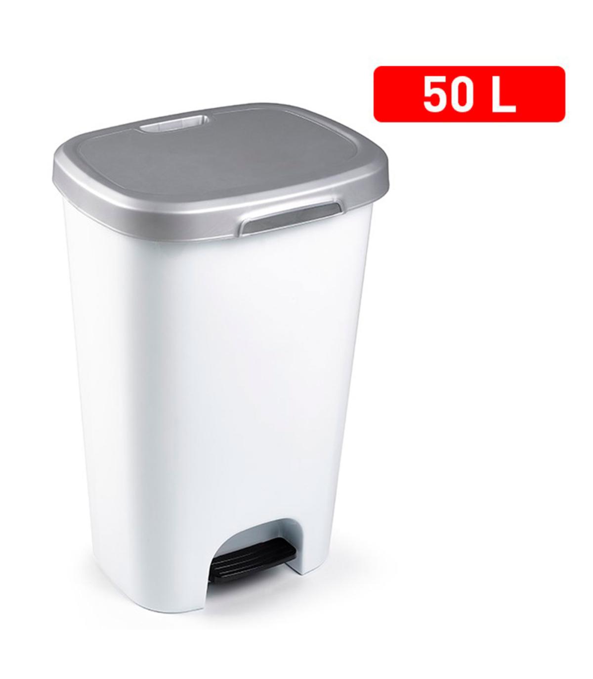 Tradineur - Cubo basura de plástico con pedal, contenedor de residuos,  papelera con tapa, fabricado en España (Gris plata y blan