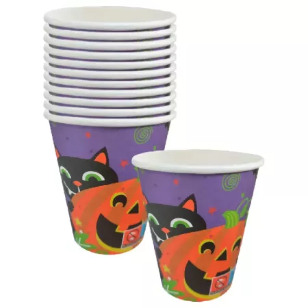 Pack 48 vasos papel Halloween 270ml calabaza y gato Pack 48 vasos papel Halloween 270ml calabaza y gato