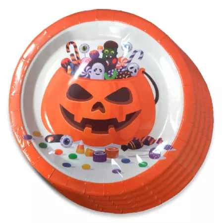 Tradineur - Paquete de 30 platos de Halloween - Diseño Calabaza - Fabricado en Papel - Apto para uso alimentario - Ø 18 cm