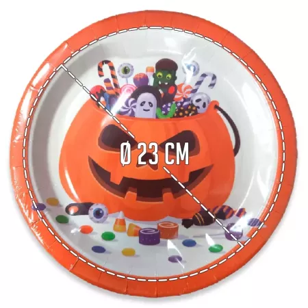 Tradineur - Paquete de 24 platos de Halloween - Diseño Calabaza - Fabricado en Papel - Apto para uso alimentario - Ø 23 cm