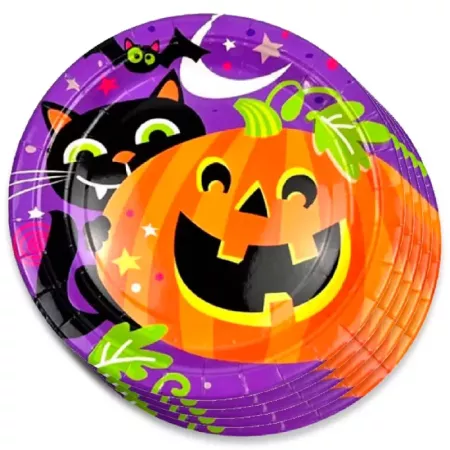 Tradineur - Pack de 30 Platos de Halloween - Diseño Calabaza y gatos negros - Fabricado en Papel - Apto para uso alimentario - Ø