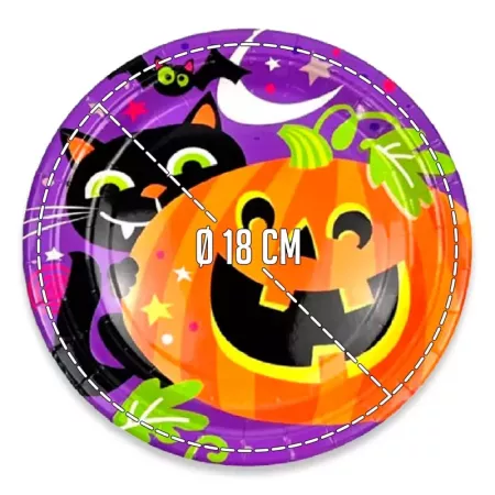 Tradineur - Pack de 30 Platos de Halloween - Diseño Calabaza y gatos negros - Fabricado en Papel - Apto para uso alimentario - Ø