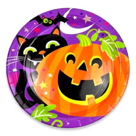 Pack 24 Platos Halloween Calabaza y Gato Negro 23 cm Pack 24 Platos Halloween Calabaza y Gato Negro 23 cm