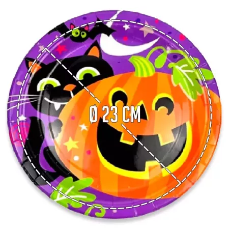 Pack 24 Platos Halloween Calabaza y Gato Negro 23 cm Pack 24 Platos Halloween Calabaza y Gato Negro 23 cm