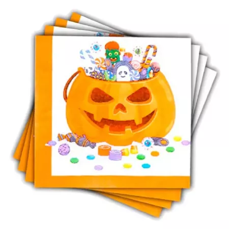 Tradineur - Pack de 48 servilletas desechables de Halloween - Diseño de calabaza con caramelos - Accesorio para mesa - 16,5 x 16