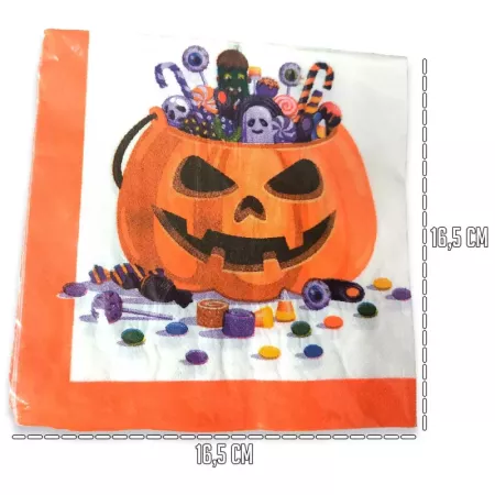 Tradineur - Pack de 48 servilletas desechables de Halloween - Diseño de calabaza con caramelos - Accesorio para mesa - 16,5 x 16
