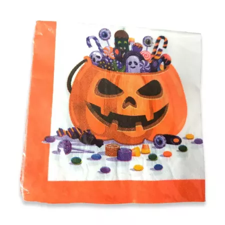 Tradineur - Pack de 48 servilletas desechables de Halloween - Diseño de calabaza con caramelos - Accesorio para mesa - 16,5 x 16