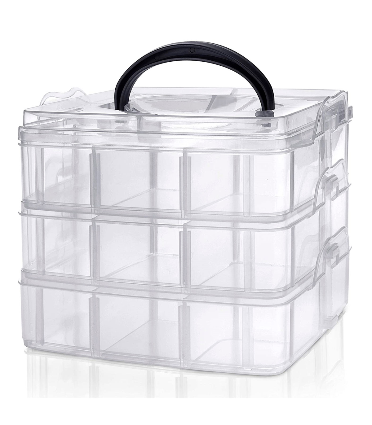 Caja de plástico multiusos, 3 baldas, 18 compartimentos, 15 x 15 x 12,5 cm,  tapa con asa, caja de almacenamiento con divisiones