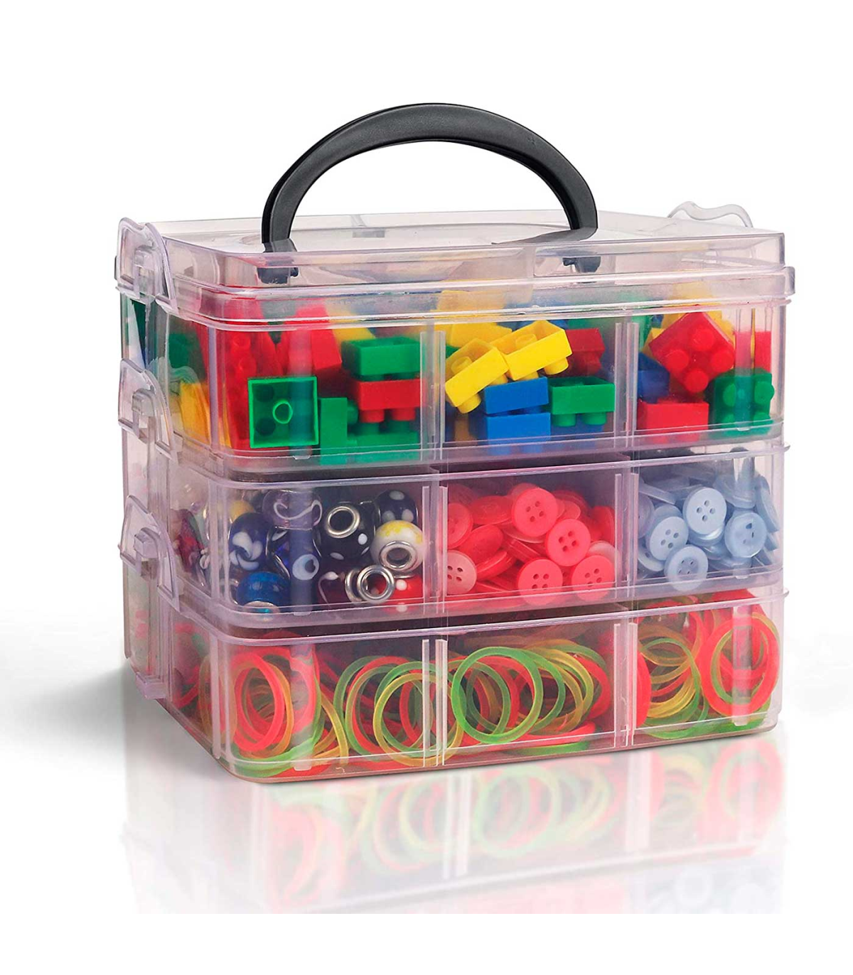 Caja de plástico multiusos, 3 baldas, 18 compartimentos, 15 x 15 x 12,5 cm,  tapa con asa, caja de almacenamiento con divisiones