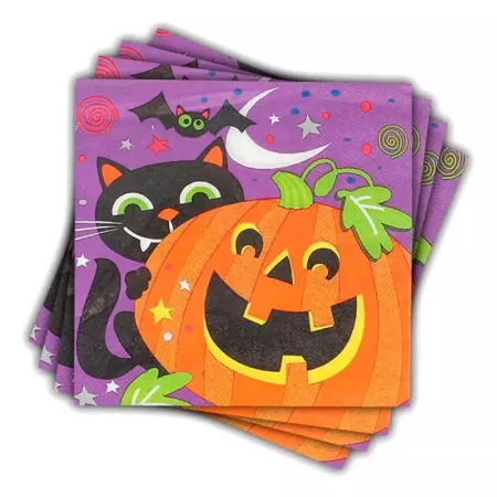 Tradineur - Pack de 48 servilletas desechables de Halloween - Diseño con Gato, Murciélago y calabaza - Accesorio para mesa - 16,