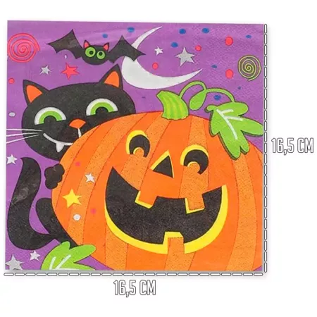 Tradineur - Pack de 48 servilletas desechables de Halloween - Diseño con Gato, Murciélago y calabaza - Accesorio para mesa - 16,