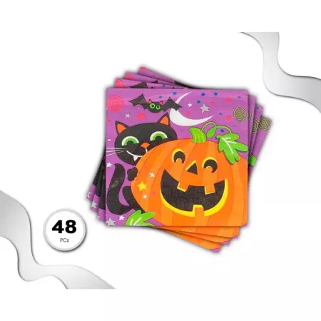 Tradineur - Pack de 48 servilletas desechables de Halloween - Diseño con Gato, Murciélago y calabaza - Accesorio para mesa - 16,
