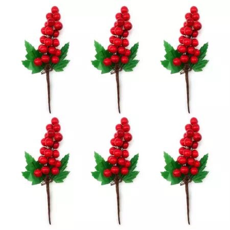 Pack 6 Ramos de Acebo 20 cm con Bayas Rojas Navideñas