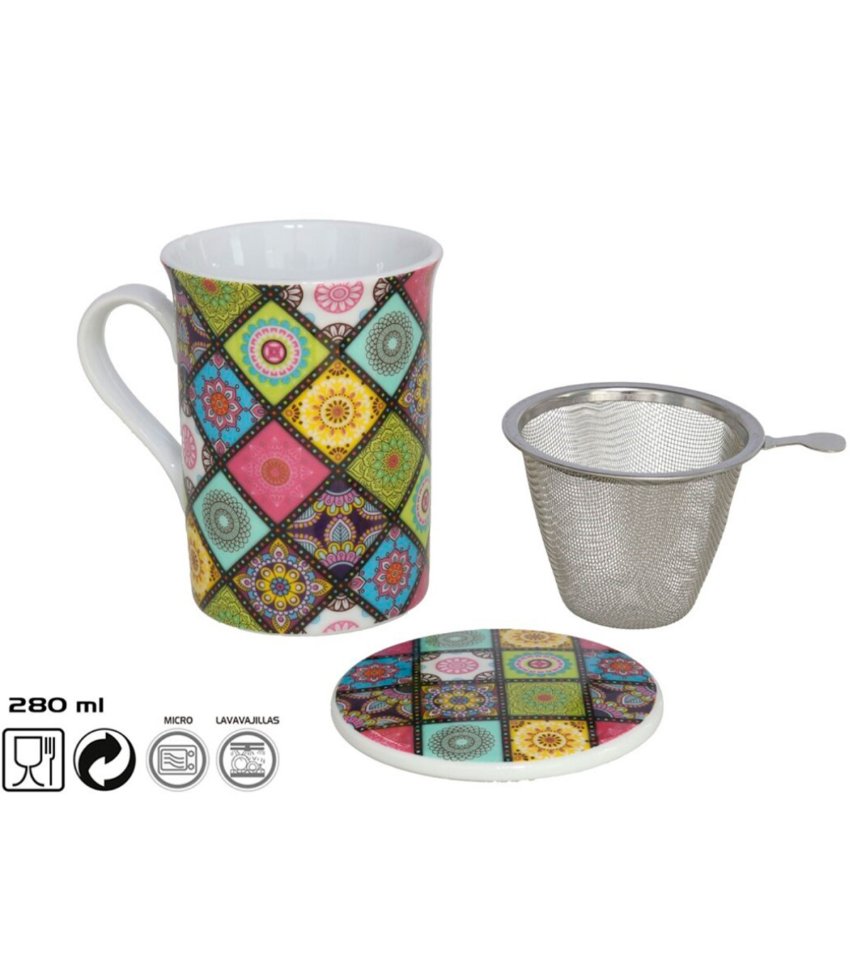 Tradineur - Taza de porcelana para infusiones, mug café, té, incluye tapa y  filtro de acero inoxidable, mantiene caliente la inf