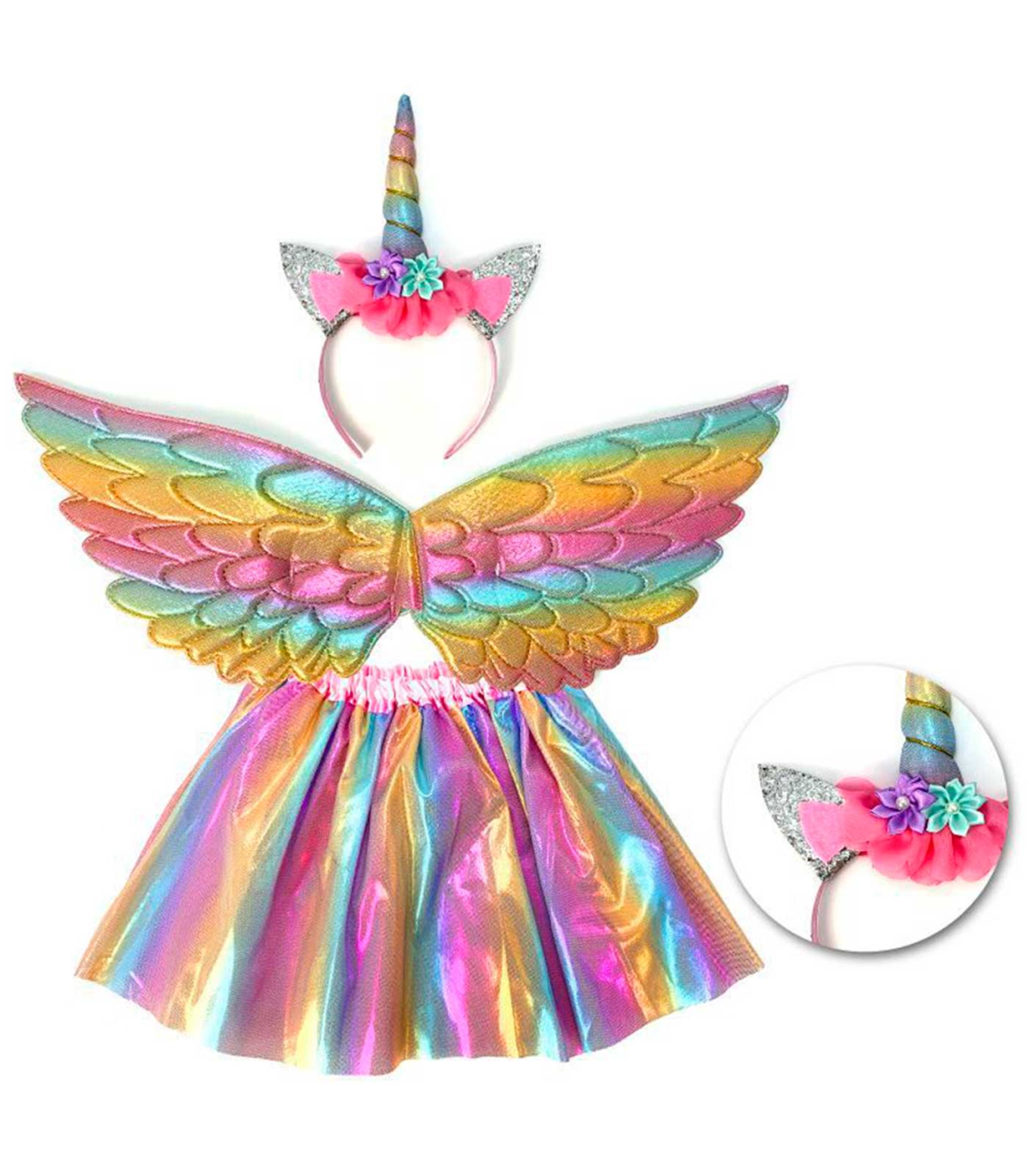 Tradineur - Disfraz infantil de Unicornio, 3 piezas, poliéster, incluye  falda, alas y diadema, carnaval, Halloween, cosplay (Niñ