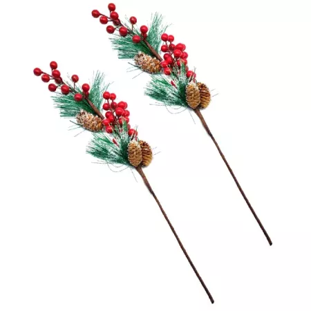 Pack 2 Varas de Pino Nevado con Bayas Rojas y Piñas 55 cm