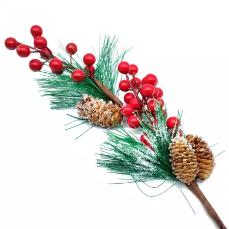 Pack 2 Varas de Pino Nevado con Bayas Rojas y Piñas 55 cm