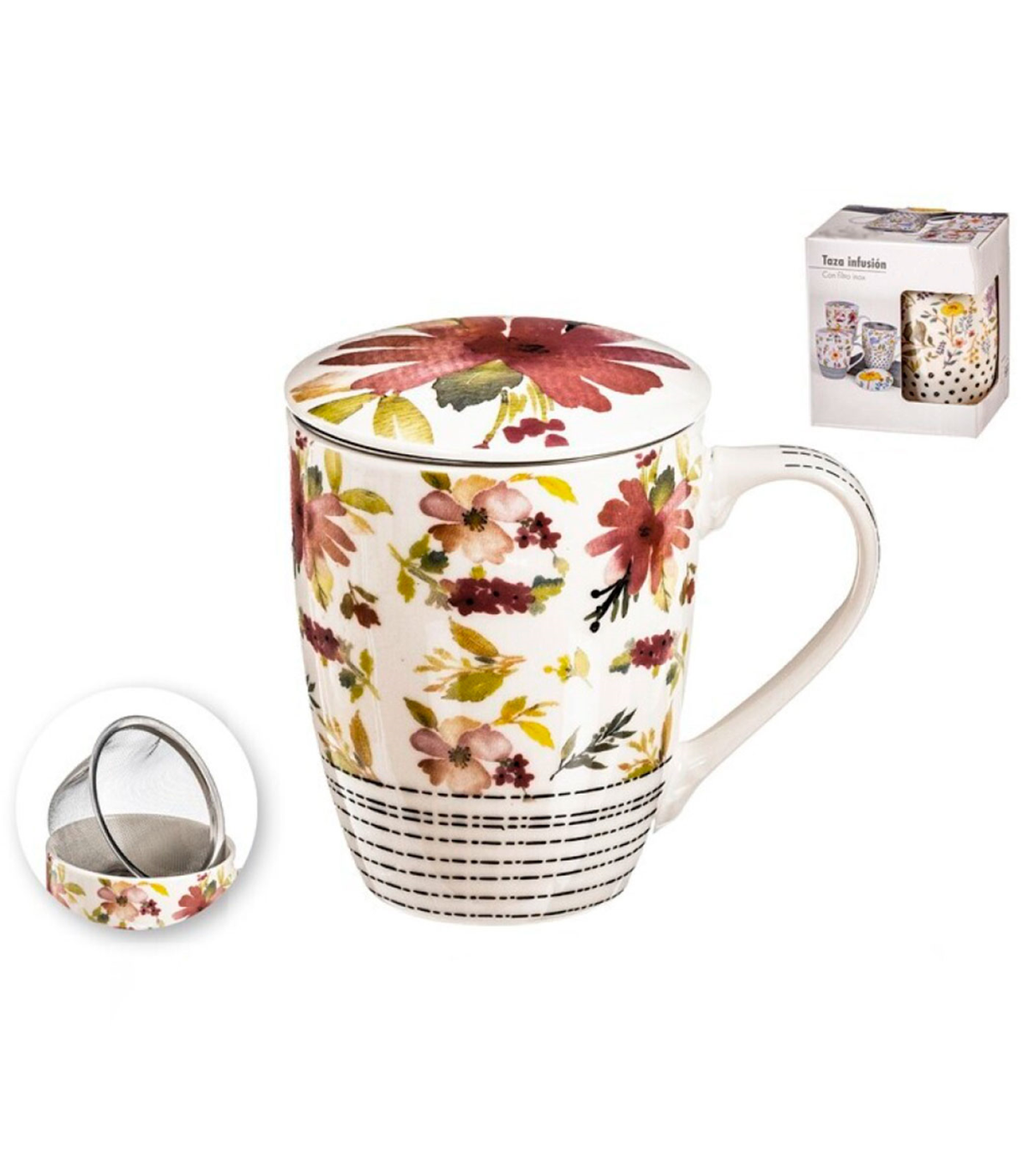 Tradineur - Taza para té, infusión con filtro y tapa, cerámica y acero  inoxidable, mantiene caliente la infusión, regalo origina