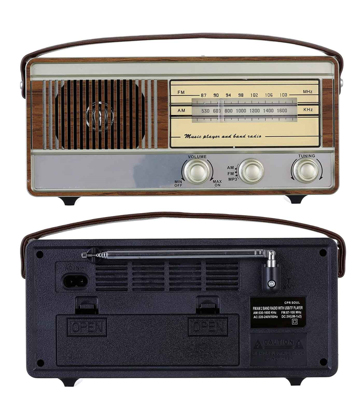 Tradineur - Radio vintage Soul portátil con asa y linterna, bluetooth,  bandas AM/FM, batería recargable, ranuras usb y micro S