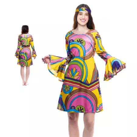 Disfraz Hippie Mujer Talla M | Vestido y Diadema Carnaval Disfraz Hippie Mujer Talla M | Vestido y Diadema Carnaval