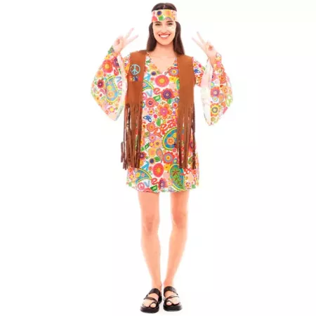 Disfraz Hippie Mujer Talla L | Vestido y Chaleco Carnaval