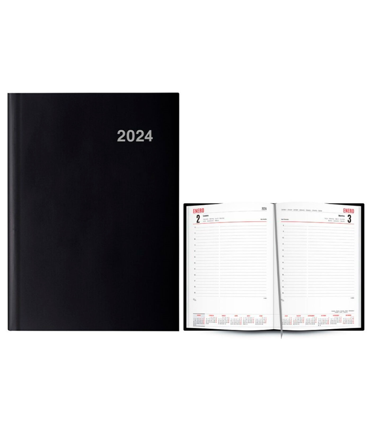 Tradineur - Agenda anual 2024, vista día página, tapa dura y cinta  marcapáginas, planificador diario de tareas, citas (Negro, 21