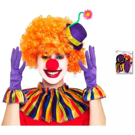 Tradineur - Set de payaso, 4 piezas, poliéster, incluye mini sombrero, nariz, collarín y guantes, accesorios para disfraces, cir