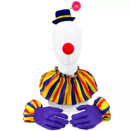 Tradineur - Set de payaso, 4 piezas, poliéster, incluye mini sombrero, nariz, collarín y guantes, accesorios para disfraces, cir