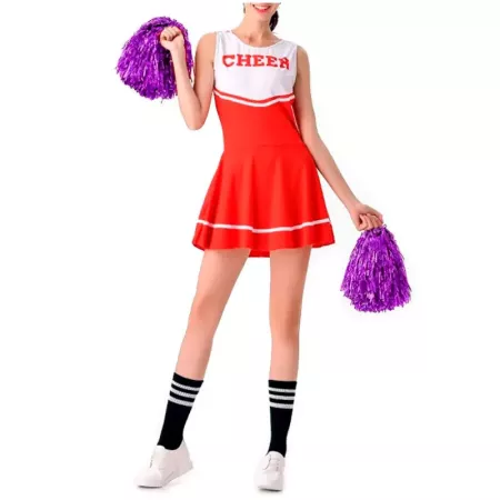 Tradineur - Pompones de animadora con mangos de plástico, accesorios para disfraces, carnaval, Halloween, cosplay (Morado brillo