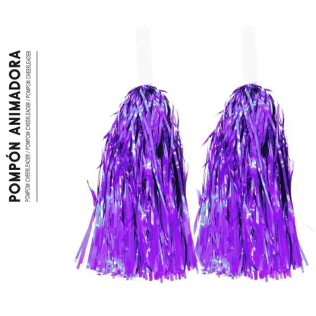 Tradineur - Pompones de animadora con mangos de plástico, accesorios para disfraces, carnaval, Halloween, cosplay (Morado brillo