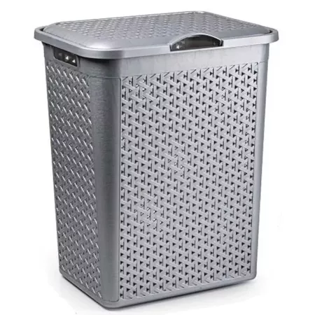 Tradineur - Cesto para ropa sucia con tapa y asas, pongotodo de plástico, cubo para colada, imitación de mimbre, fabricado en Es
