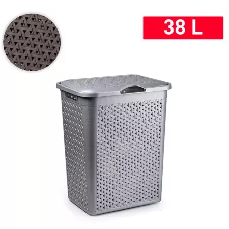 Tradineur - Cesto para ropa sucia con tapa y asas, pongotodo de plástico, cubo para colada, imitación de mimbre, fabricado en Es