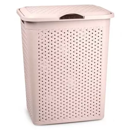 Tradineur - Cesto para ropa sucia con tapa y asas, pongotodo de plástico, cubo para colada, imitación de mimbre, fabricado en Es