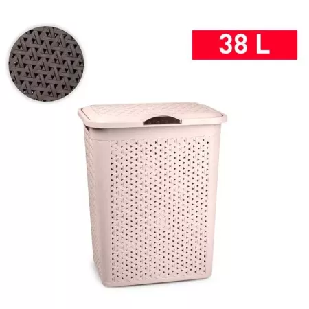 Tradineur - Cesto para ropa sucia con tapa y asas, pongotodo de plástico, cubo para colada, imitación de mimbre, fabricado en Es