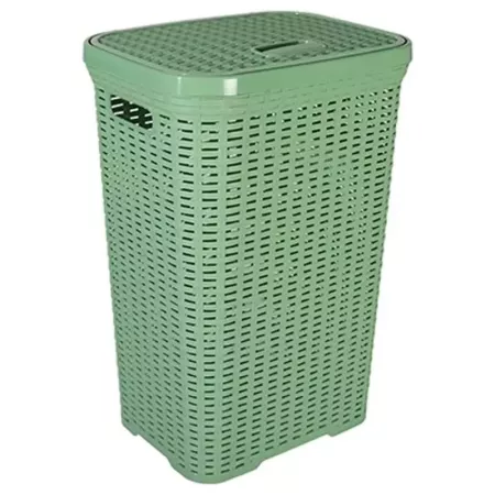 Tradineur - Cesto para ropa sucia con asas y tapa, pongotodo rattan de plástico, cubo para colada, imitación mimbre, fabricado e