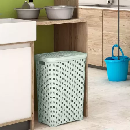 Cesto Ropa Sucia 60L Verde Imitación Mimbre con Asas