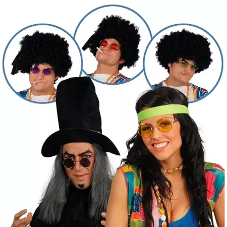 Tradineur - Pack de 3 gafas hippie, plástico y metal, complemento para disfraces, carnaval, Halloween, cosplay, fiestas (Adulto