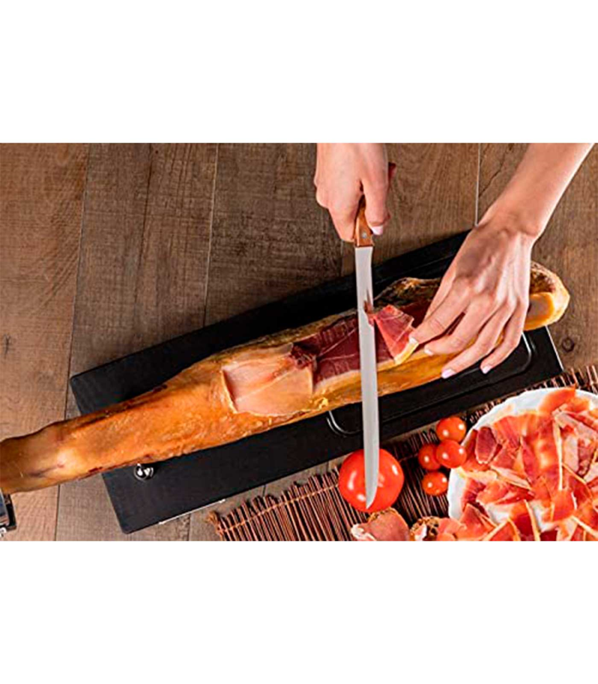 Tradineur - Cuchillo jamonero con hoja de acero inoxidable y mango de  madera, cuchillo cortado de jamón, corte preciso, profesio