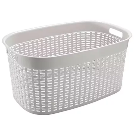 Tradineur - Cesta rectangular ovalada de plástico con asas para la colada, diseño rattan, imitación de mimbre, fabricada en Espa
