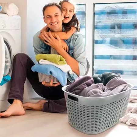 Tradineur - Cesta rectangular ovalada de plástico con asas para la colada, diseño rattan, imitación de mimbre, fabricada en Espa