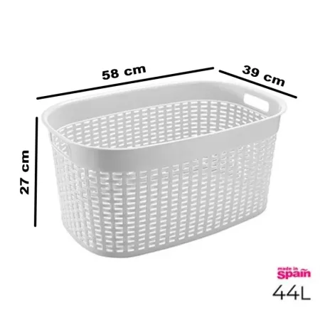 Tradineur - Cesta rectangular ovalada de plástico con asas para la colada, diseño rattan, imitación de mimbre, fabricada en Espa