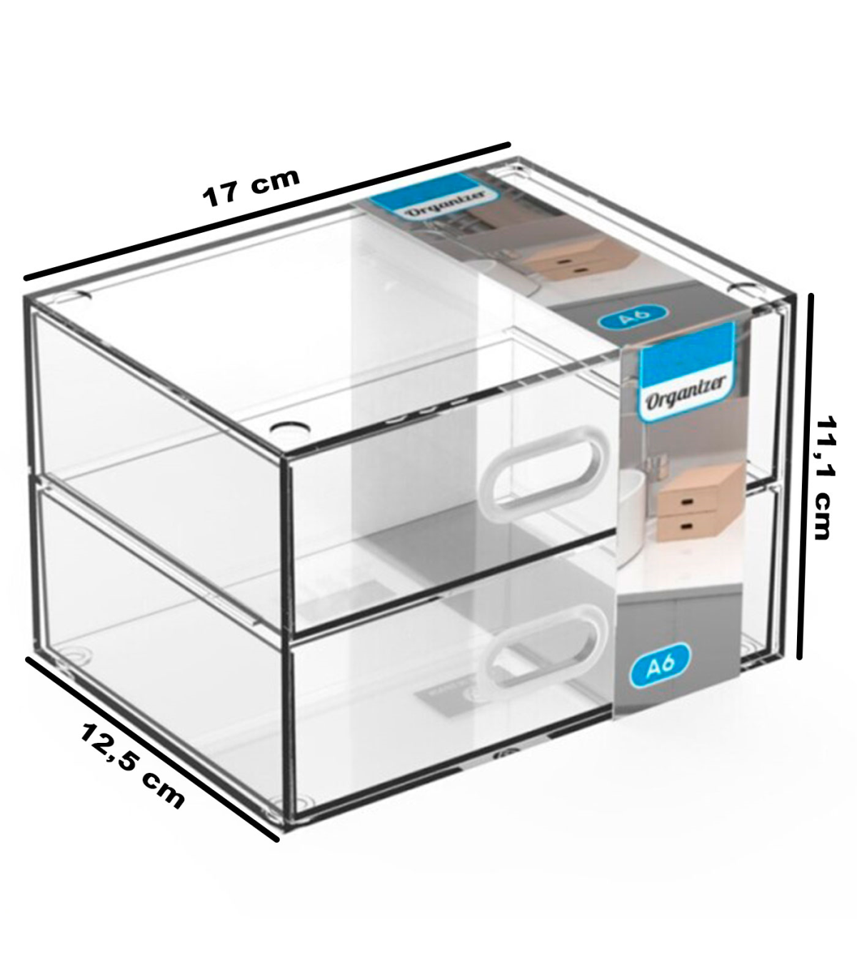 Tradineur - Mini cajonera transparente A6 con 2 cajones, plástico,  organizador de cosméticos, maquillaje, accesorios de costura