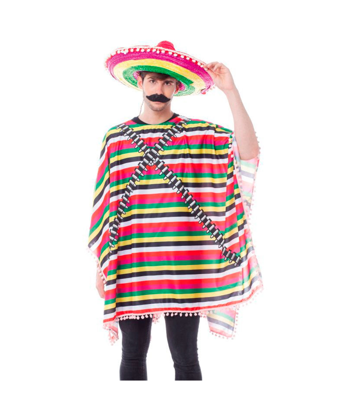 Tradineur - Disfraz de mexicano para adulto - Fabricado en fibra sintética  - Incluye Poncho - Ideal para carnaval, Halloween, co